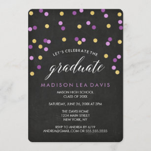 Purple and Gold Confetti Chalkboard Graduation Invitation