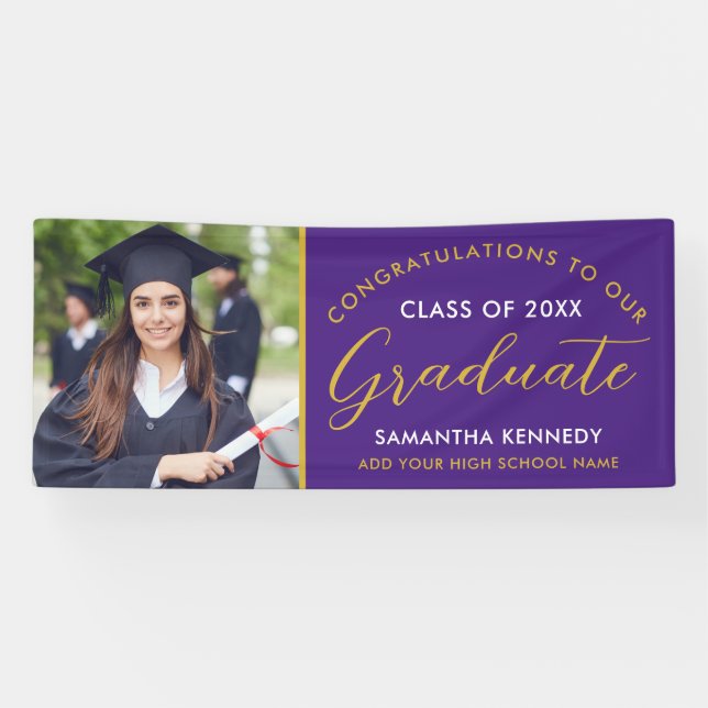  Purple And Gold Congrats Grad Photo Graduation Banner (Horizontal)