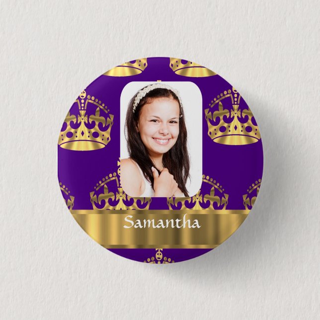 Purple and gold crown personalized photo 1 inch round button (Front)
