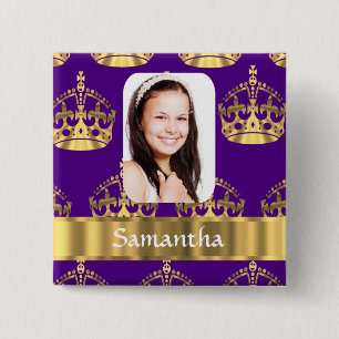 Purple and gold crown personalized photo 2 inch square button