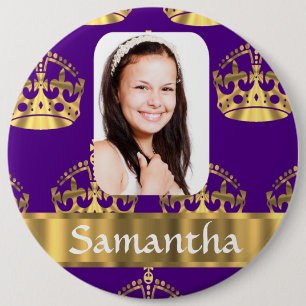 Purple and gold crown photo template 6 inch round button
