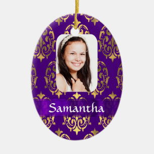 Purple and gold damask ceramic ornament
