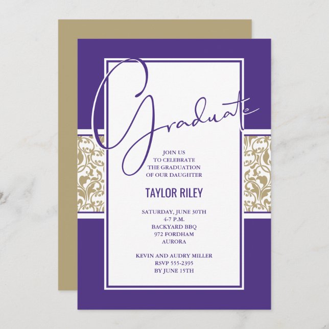 Purple and Gold Damask Graduation Invitation (Front/Back)