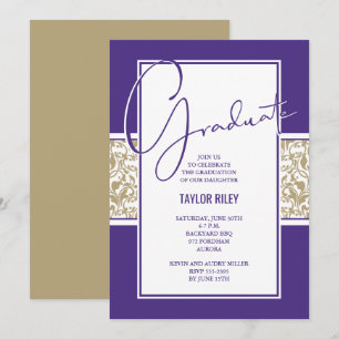 Purple and Gold Damask Graduation Invitation