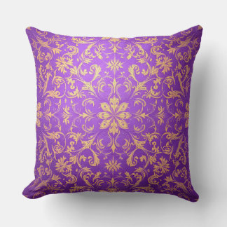 Purple and Gold Damask Pattern.Modern Outdoor Throw Pillow