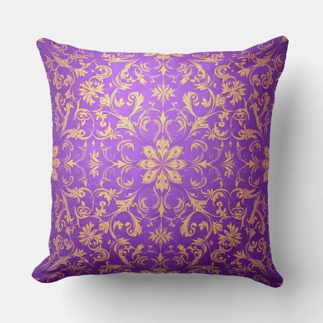 Purple and Gold Damask Pattern.Modern Outdoor Throw Pillow (Front)