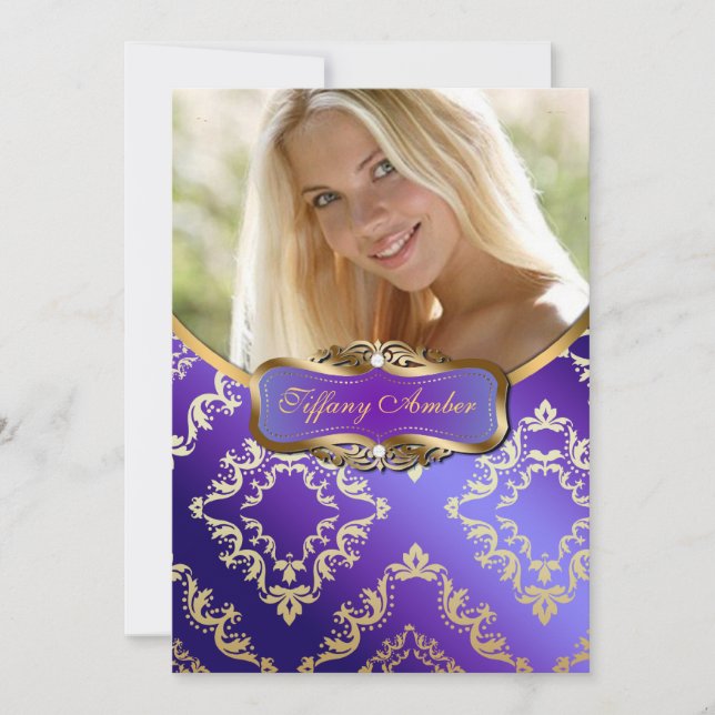 Purple and Gold Damask Photo Invite (Front)