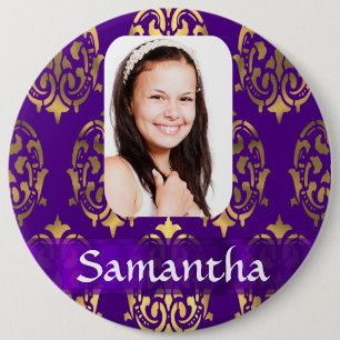 Purple and gold damask photo template 6 inch round button