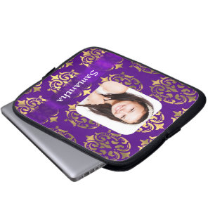 Purple and gold damask photo template laptop sleeve