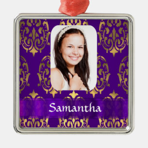 Purple and gold damask photo template metal ornament