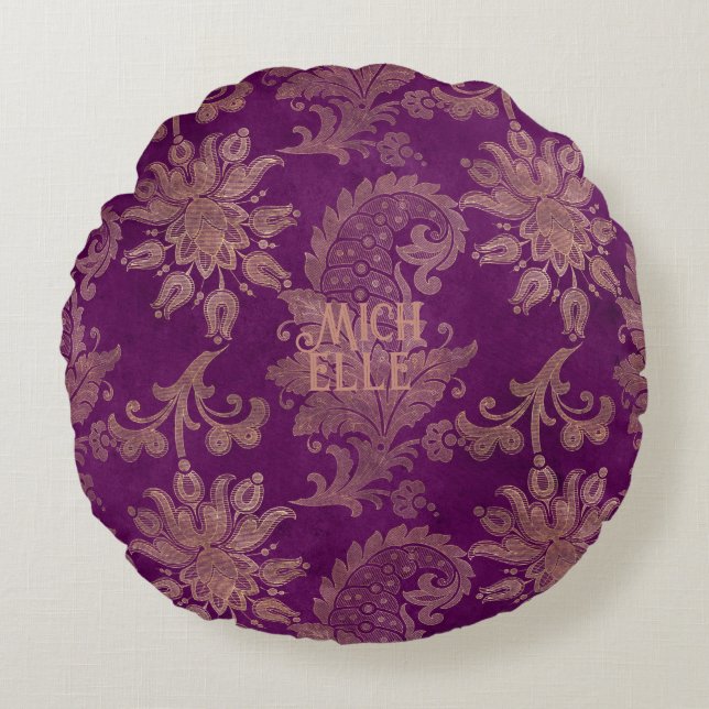 Purple and Gold Damask Round Pillow (Front)