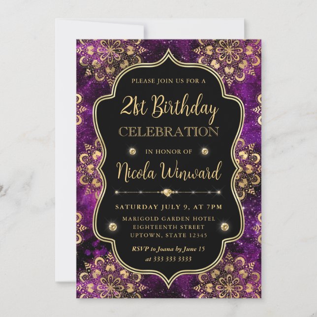 Purple and Gold Dharma Pattern 21st Birthday Invitation (Front)