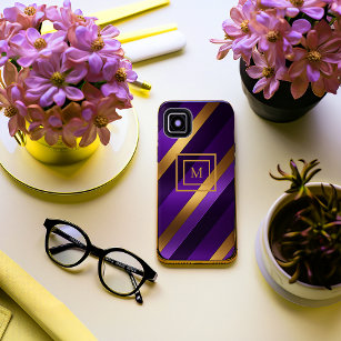 Purple and Gold Diagonal Striped Monogrammed iPhone 15 Mini Case