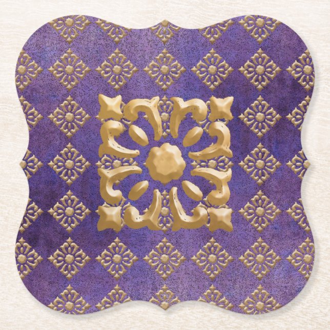 Purple and Gold Diamonds Paper Coaster (Front)