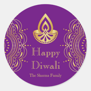 Purple and Gold Diwali Party Favour Classic Round Sticker