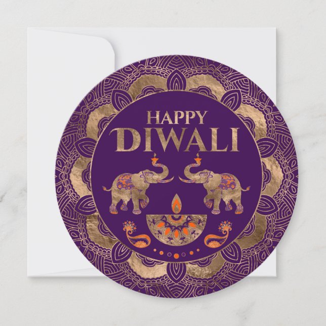 Purple and Gold Elephants Happy Diwali   Card (Front)