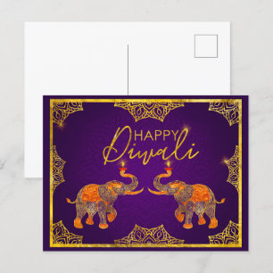 Purple and gold Elephants Happy Diwali  Postcard