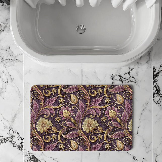 Purple And Gold Embossed Flowers Pattern Bath Mat (Creator Uploaded)