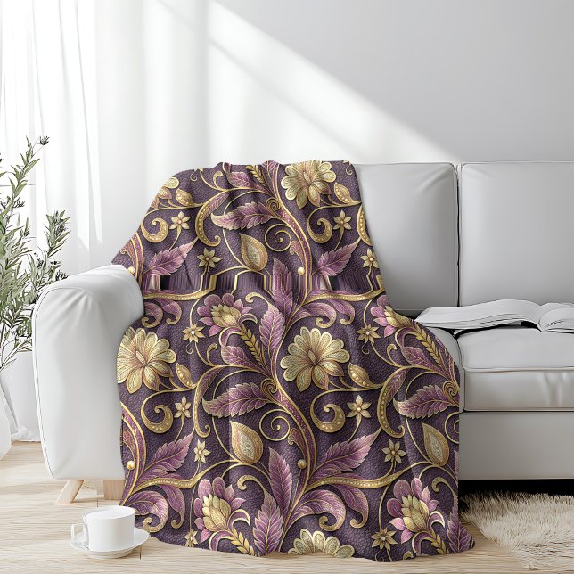 Purple And Gold Embossed Flowers Pattern Fleece Blanket (Creator Uploaded)