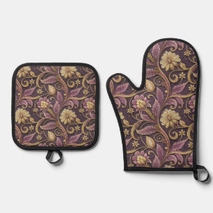 Purple And Gold Embossed Flowers Pattern Oven Mitt & Pot Holder Set