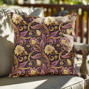 Purple And Gold Embossed Flowers Pattern Throw Pillow