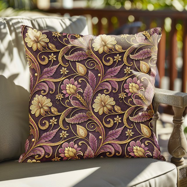 Purple And Gold Embossed Flowers Pattern Throw Pillow (Creator Uploaded)