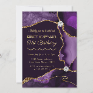 Purple and Gold Faux Glitter Agate Birthday Party Invitation
