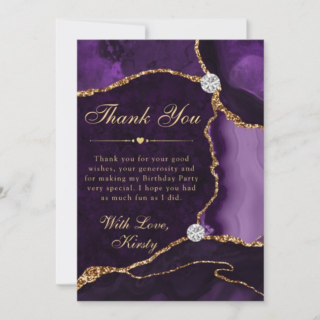 Purple and Gold Faux Glitter Agate Birthday Thank You Card (Front)