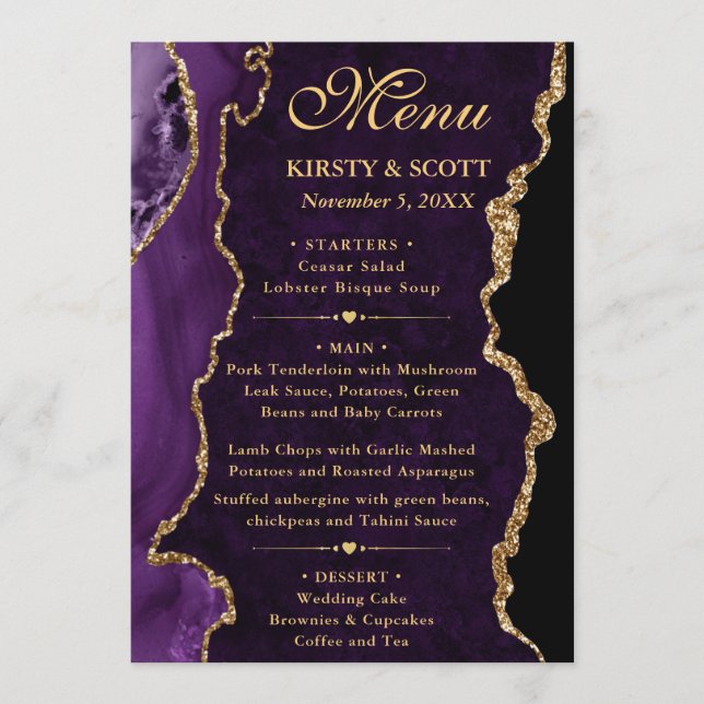 Purple and Gold Faux Glitter Agate Wedding Menu (Front)