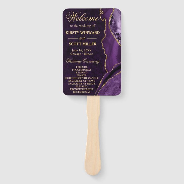 Purple and Gold Faux Glitter Agate Wedding Program Hand Fan (Front)
