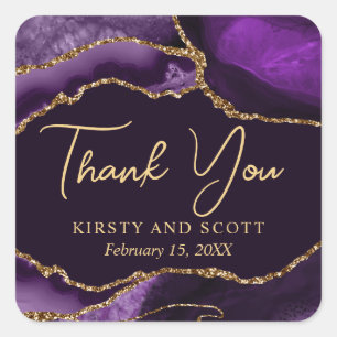 Purple and Gold Faux Glitter Agate Wedding Square Sticker