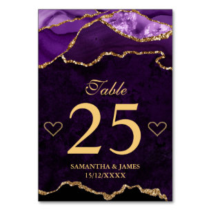 Purple and Gold Faux Glitter Agate Wedding Table Number