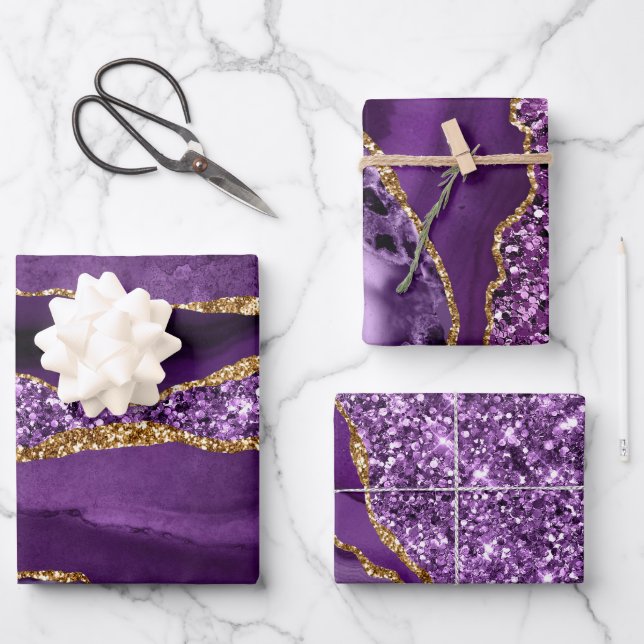 Purple and Gold Faux Glitter Agate Wrapping Paper Sheet (Front)