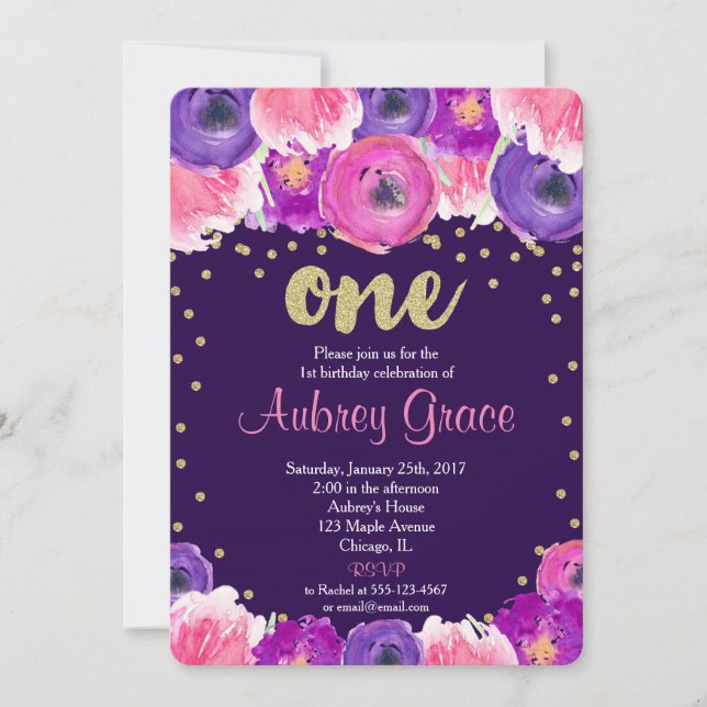 purple and gold first birthday invitation (Front)