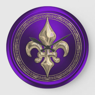Purple and Gold Fleur de Lis  Large Clock