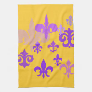 Purple and Gold Fleur de Lis Pattern Tea Towel