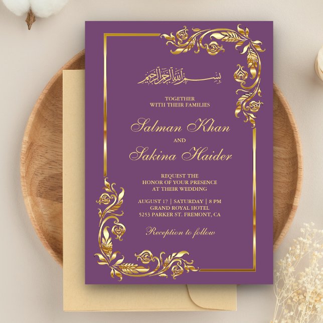 Purple and Gold Floral Border Islamic Wedding Invitation (Creator Uploaded)