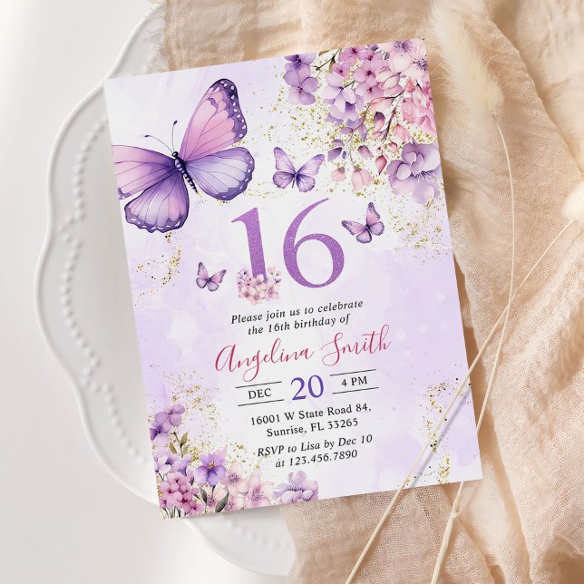 Purple and Gold Floral Butterfly 16th Birthday Invitation (Creator Uploaded)