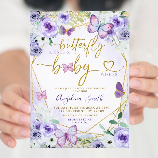 Purple and Gold Floral Butterfly Baby Shower Invitation (Creator Uploaded)