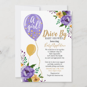 Purple and Gold Floral Drive By Baby Shower Invitation