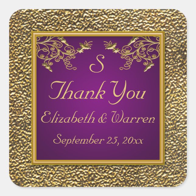 Purple and Gold Floral Monogram Wedding Sticker (Front)