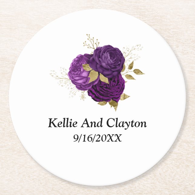 Purple And Gold Floral Round Paper Coaster (Front)