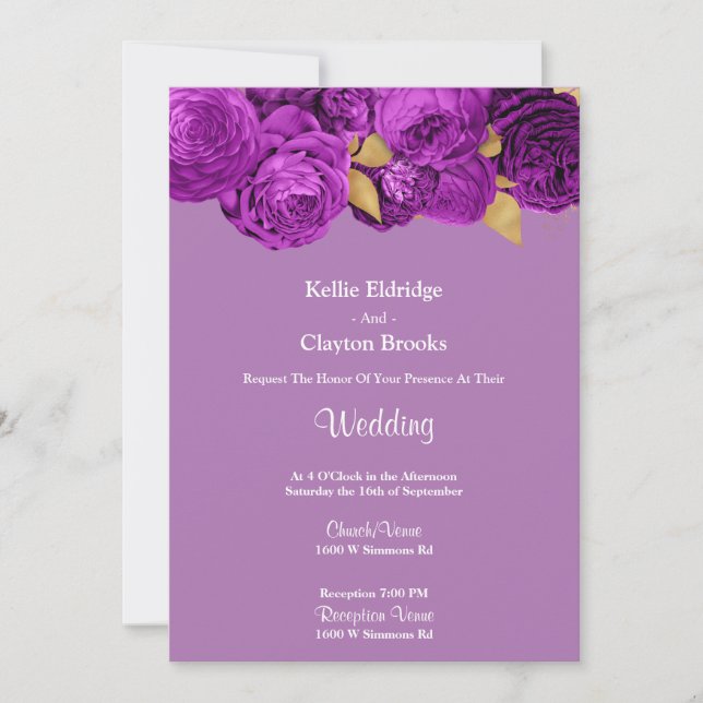 Purple And Gold Floral Wedding Invitation (Front)