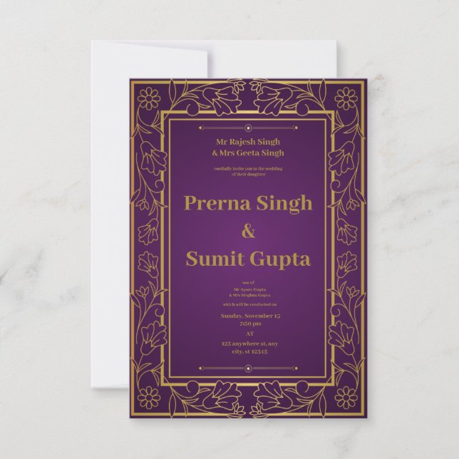 Purple and Gold Floral Wedding Invitation (Front)