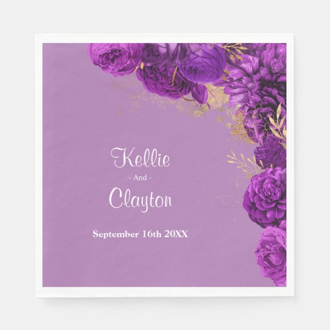 Purple And Gold Floral Wedding Napkins (Front)