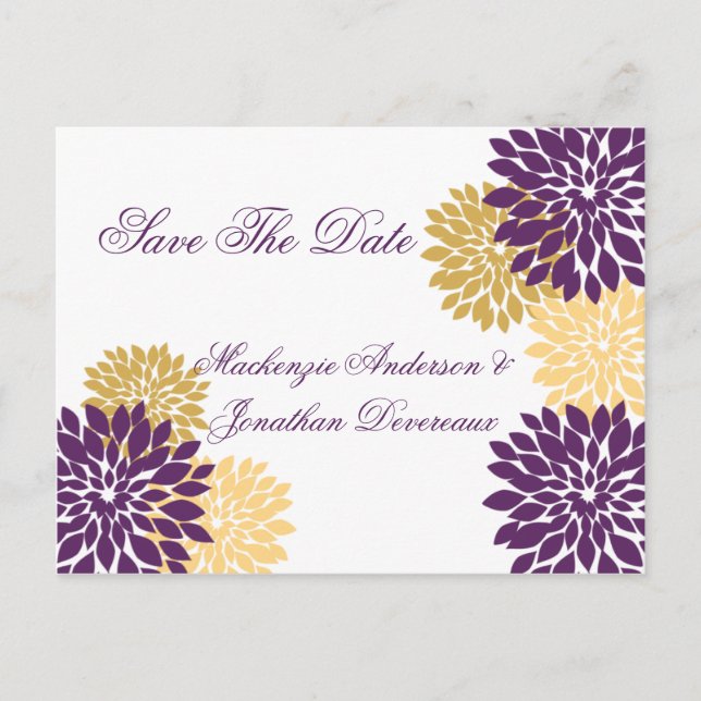 Purple and Gold Flower Petals Save The Date Announcement Postcard (Front)