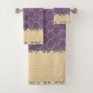 Purple and Gold Foil Diamond Bling  Bath Towel Set