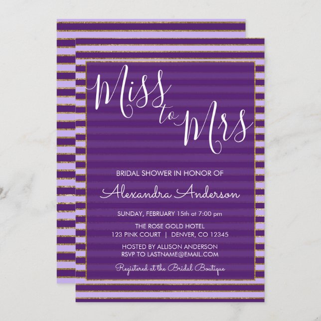 Purple and Gold Foil Miss to Mrs Bridal Shower Invitation (Front/Back)