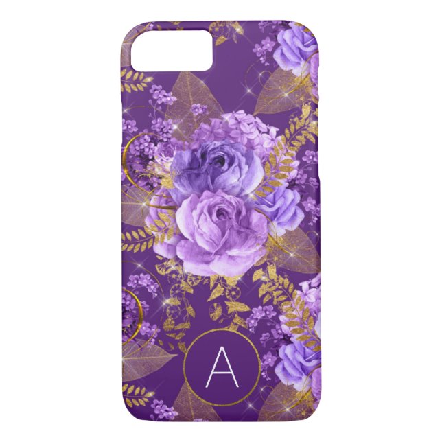 Purple and Gold Foil Monogram Floral Pattern Case-Mate iPhone Case (Back)