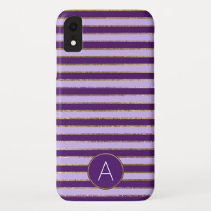 Purple and Gold Foil Stripe Monogram Pattern iPhone XR Case